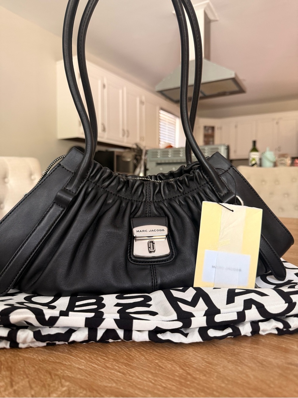 Marc Jacobs Black Leather Ruched Shoulder Bag with Double Handles